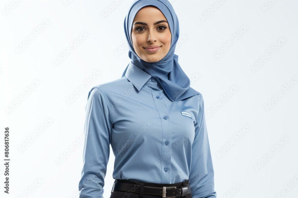 A young woman wearing a blue hijab and a blue shirt with a white collar A young woman wearing a blue hijab and a blue shirt with a white collar