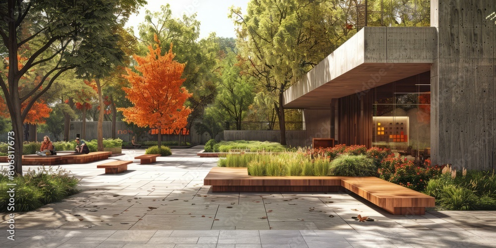 Courtyard with a seating area surrounded by trees and plants