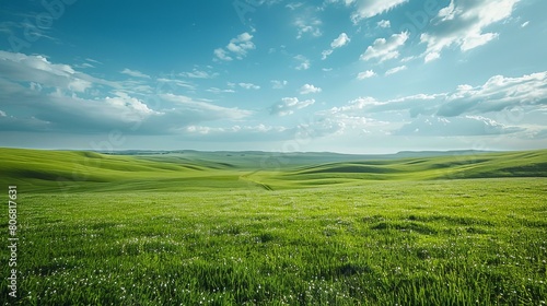 Landscape of green hills and blue sky with clouds