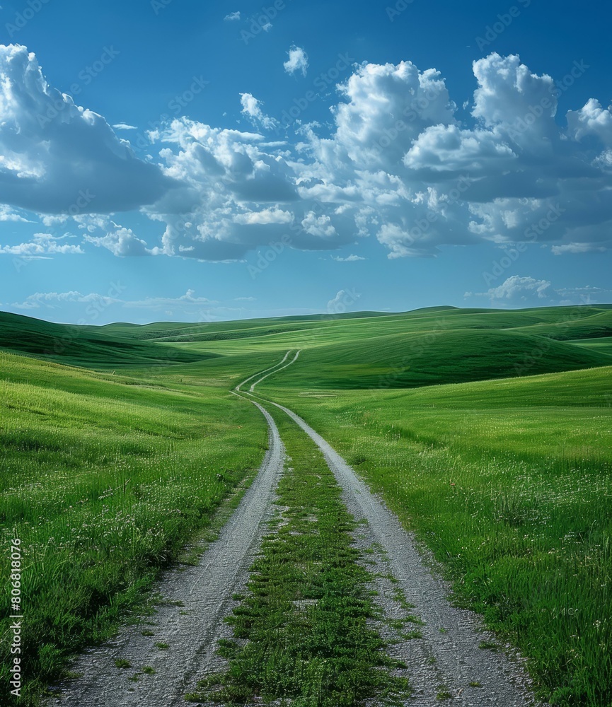 A dirt road winds through a lush green prairie landscape