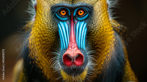 Close-up portrait of a colorful mandrill in nature #806818078