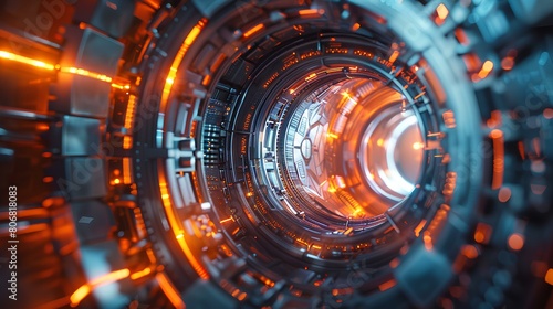 Close-up view of a futuristic high-tech portal, featuring intricate mechanical details and glowing orange energy patterns. 