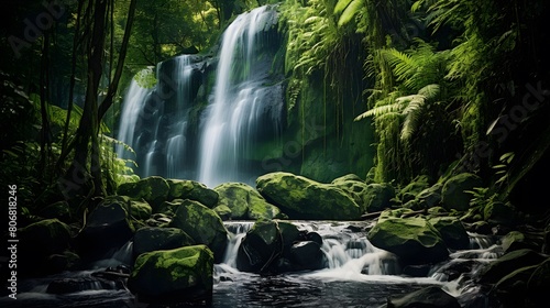 Panoramic view of a waterfall in the forest. Long exposure.