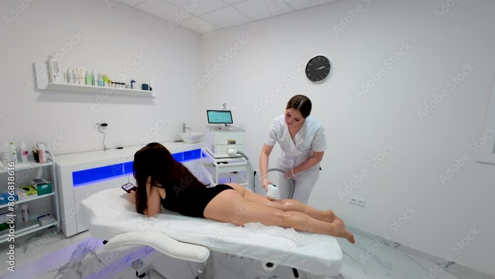 Beauty studio or clinic laser hair removal body care procedure for young woman. Hair epilation removal procedure in beauty spa medical clinic Beauty studio or clinic laser hair removal body care procedure for young woman. Hair epilation removal procedure in beauty spa medical clinic