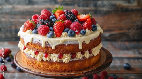 A two-tiered cake with berries and cream cheese frosting