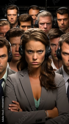 A group of serious looking business people wearing headphones