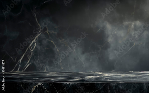 A black marble countertop with a dark background. The countertop is empty and has a mysterious, almost ominous feel to it,Obsidian Silence: The Enigmatic Void of a Midnight Countertop photo