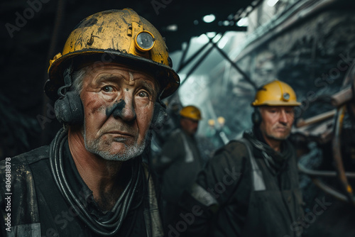 Two coal mine workers with dirty and tired faces wearing yellow helmets on their heads.