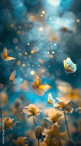 Fluorescence on butterflies, light blue and yellow tones, dreamy, sparkling and falling,high quality, 4k, butterflies, soft light, atmosphere, fairy and whimsical, © Cheetose