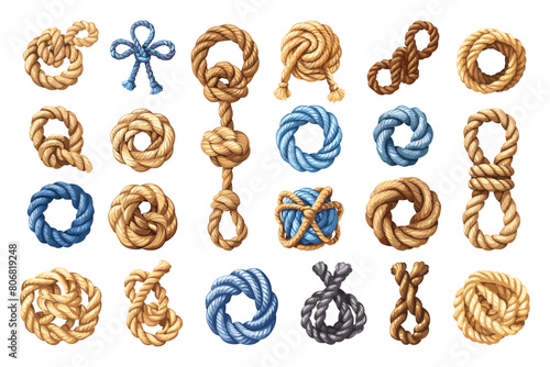 Cartoon Rope Knot Varieties. Isolated Vector Set of Cartoon Nautical Knots in Simple Flat Style for Maritime, Seafaring, Oceanic, Knot Tying, Boating, Sailing, Navigation, and Marine Concepts