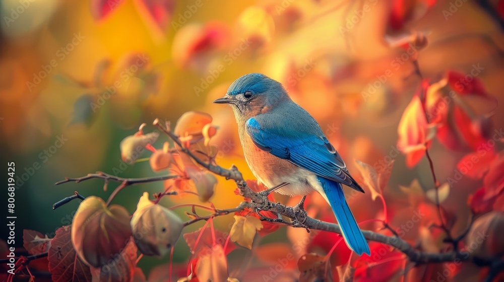 Fototapeta premium A blue bird perches atop a tree branch amidst a cluster of red and yellow autumn leaves