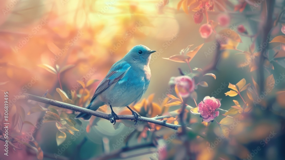 A bluebird perches atop a tree branch beside a blooming tree bursting with pink and yellow blossoms A bluebird perches atop a tree branch beside a blooming tree bursting with pink and yellow blossoms