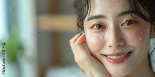 Asian woman applying cream on her face