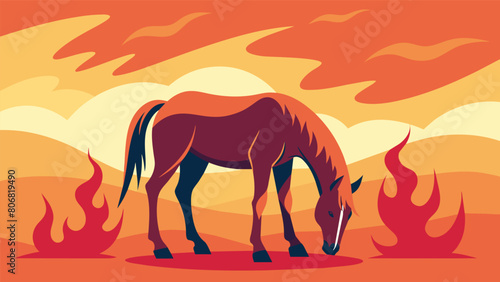 A peaceful scene of a horse grazing in a field with a strikingly warm heat pattern visible on its hoof prompting further investigation into a possible. Vector illustration