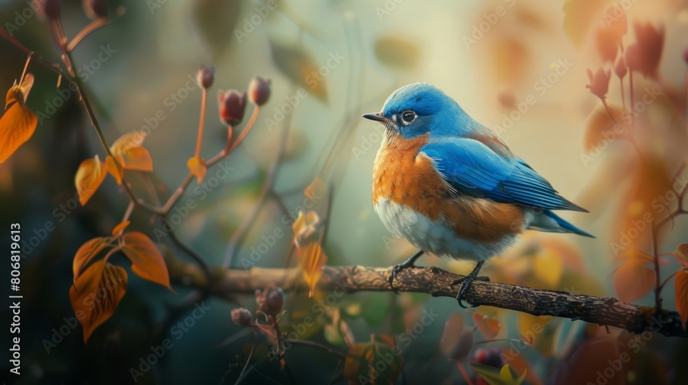 A blue-orange bird perches on a branch, adjacent to another bearing red-yellow leaves A blue-orange bird perches on a branch, adjacent to another bearing red-yellow leaves