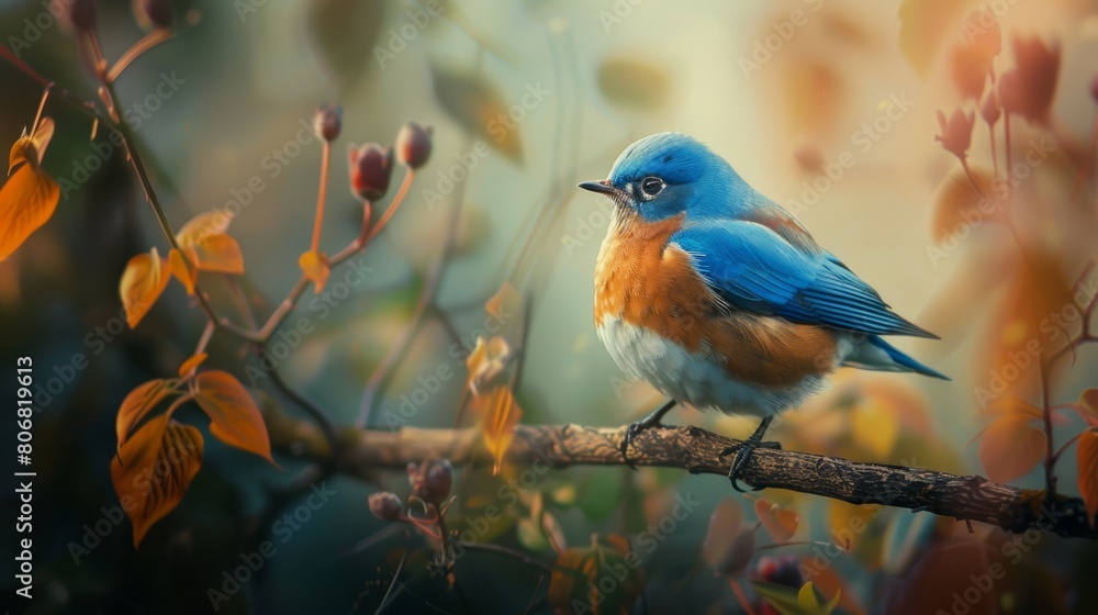   A blue-orange bird perches on a branch, adjacent to another bearing red-yellow leaves