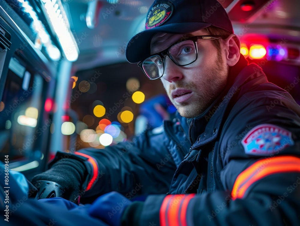 Portrait of a male paramedic wearing glasses and a cap Portrait of a male paramedic wearing glasses and a cap