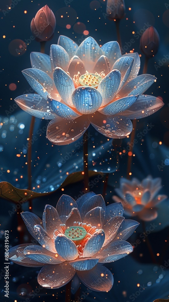 Obraz premium Transparent fluorescent splash-ink lotus, lotus leaves, small flower buds, background rendering dark blue