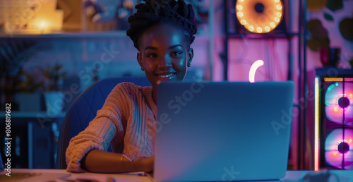 A cinematic shot of an attractive African American woman with short hair sitting at her desk in front of her laptop, smiling and working. photo