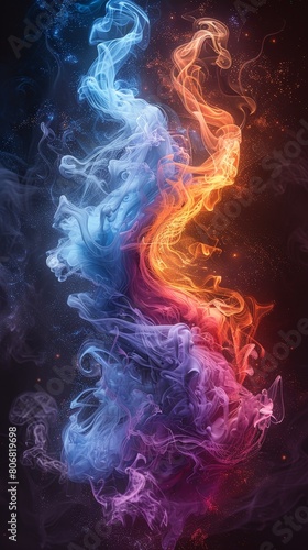 two swirling yin yang symbols, one blue and the other purple with smoke, dark background, hyper realistic, vibrant colors, in the style of fantasy.