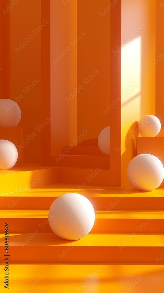 3D rendering of spheres on podiums in orange stepped room 3D rendering of spheres on podiums in orange stepped room