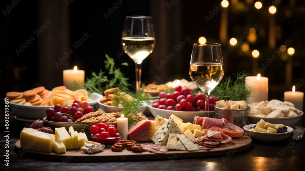 A wooden table full of food and drinks for Christmas.