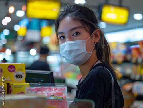 Young woman wearing a surgical mask in a supermarket photo