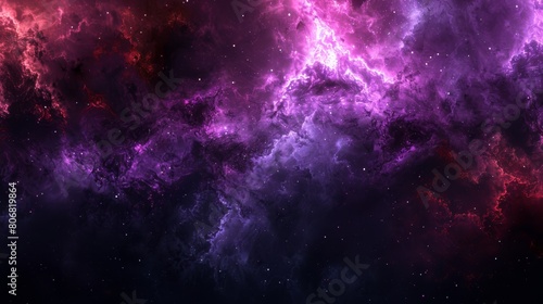   A purple-and-red expanse teeming with multitudes of stars, contrasts with a black backdrop dotted with pink and purple clouds photo