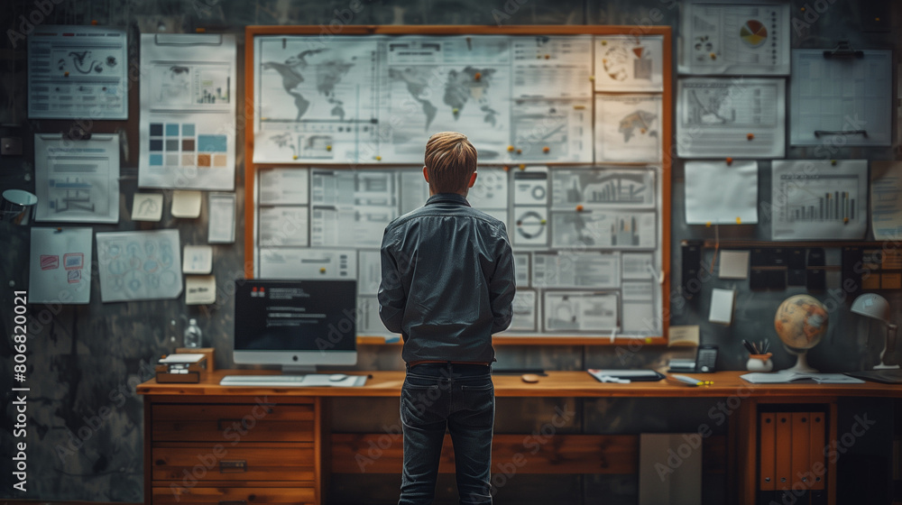 Businessman watching white board and business plan in office room. Generative ai Businessman watching white board and business plan in office room. Generative ai