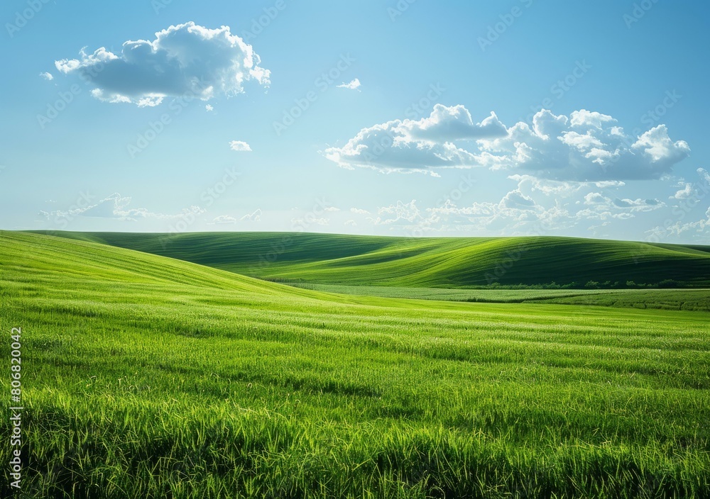 Fototapeta premium Green rolling hills under blue sky and white clouds
