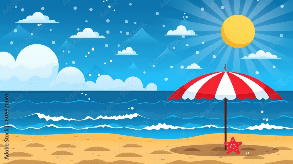 A red-and-white umbrella atop a sandy beach near the ocean, beneath a blue, cloud-studded sky A red-and-white umbrella atop a sandy beach near the ocean, beneath a blue, cloud-studded sky