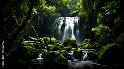 Waterfall in the jungle  long exposure. Panoramic image.