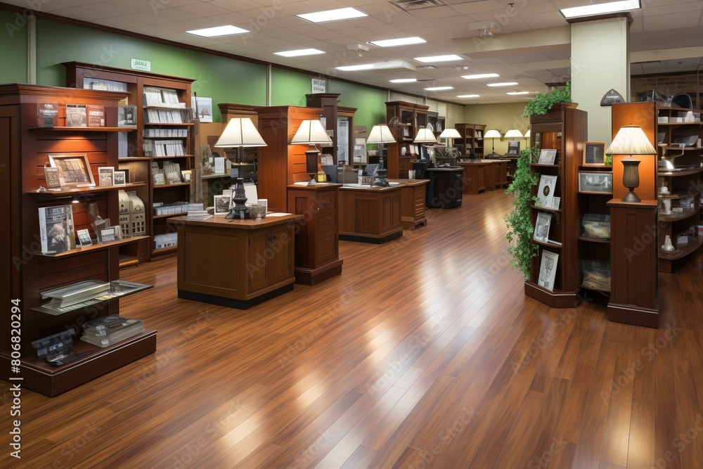 Museum gift shop interior with wood shelves and display cases