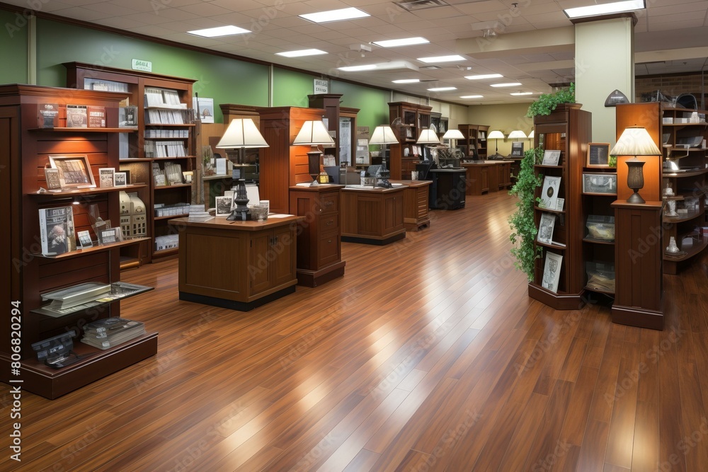 Obraz premium Museum gift shop interior with wood shelves and display cases