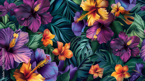 A tropical floral print showcasing exotic orchids and hibiscus flowers in vivid hues of purple orange and yellow set against a backdrop of lush green foliage bringing a sense of island paradise