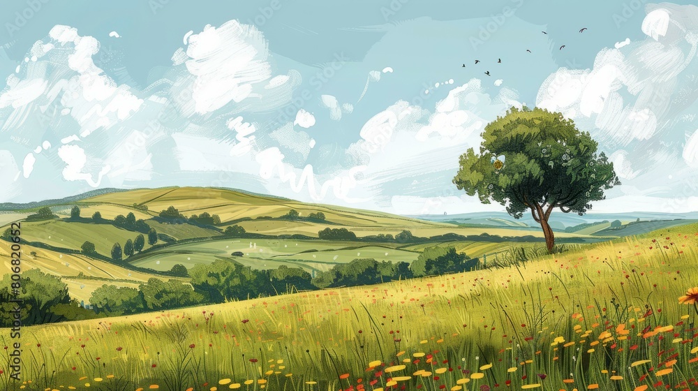 A beautiful rolling green hills landscape with a large tree and yellow flowers in the foreground