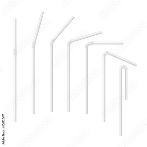 Vector realistic straws for drinks, cocktails. Set of white drinking straws with corrugated, for template.