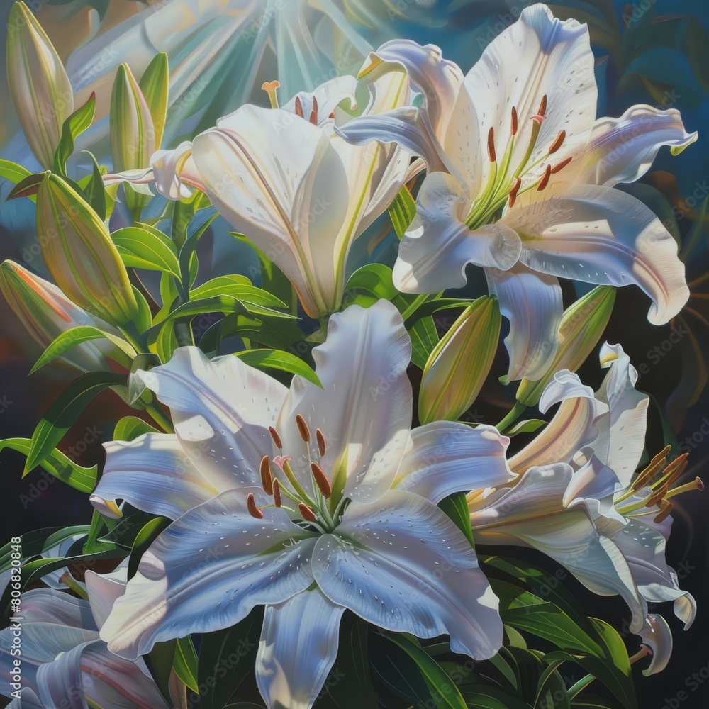 Fototapeta premium A painting of white lilies with green leaves in the foreground and a sunburst in the background White lilies with green leaves in the foreground, sun
