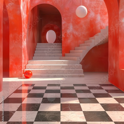 Red and white surreal space with stairs and checkered floor