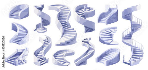 Cartoon Spiral Staircases. Icon Set Depicting Different Forms and Sizes on White Background for Architecture, Design, Construction, Building, Interior, Home, House, Structure, Modern and Contemporary
