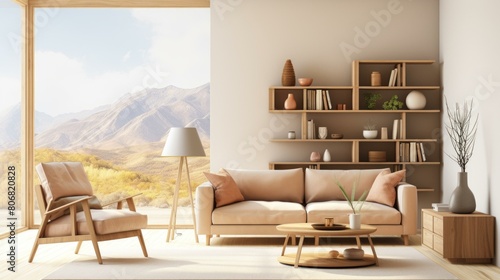 A stylish living room with a large window and a beautiful view of the mountains