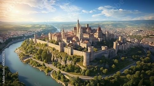 A Magnificent Aerial View of a Medieval Castle with a River and a City in the Background