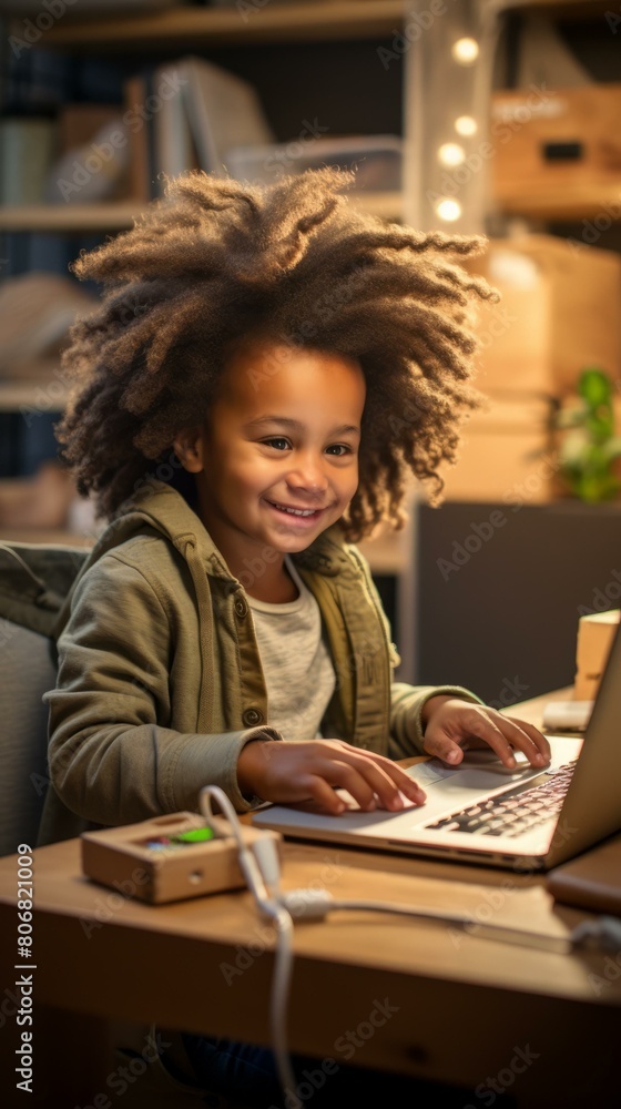 Little boy with curly hair smiling while using laptop computer Little boy with curly hair smiling while using laptop computer