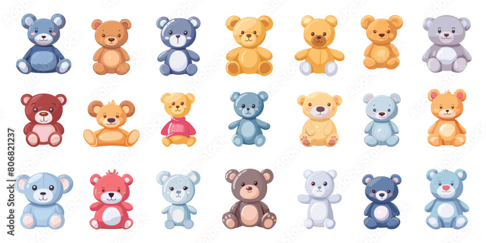 Cartoon Teddy Bears. Icon Set of Soft Toys for Babies in Simple Flat Style on White Background for Infant, Toddler, Plush, Stuffed Animal, and Toy Concepts Cartoon Teddy Bears. Icon Set of Soft Toys for Babies in Simple Flat Style on White Background for Infant, Toddler, Plush, Stuffed Animal, and Toy Concepts