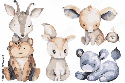 A set of playful animals in a simple watercolor style.