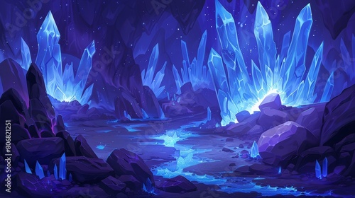  In a cavern, a painting depicts a subterranean stream surrounded by icebergs Stars illuminate the night sky above A continuous flow of water runs through the scene