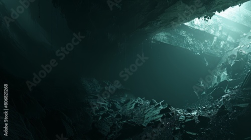   A cavern teeming with copious water lies adjacent to a vast chamber brimming with countless rocks, culminating in a beam of light at its terminus photo