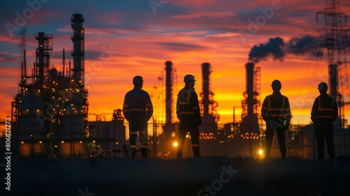 Silhouettes of five industrial workers overlooking a complex refinery under a dramatic sunset sky.