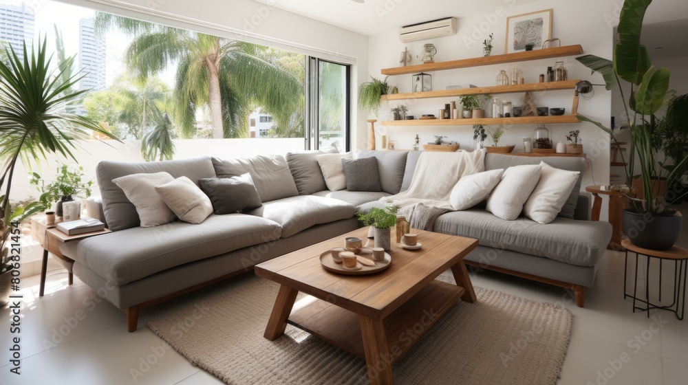 Fototapeta premium A cozy living room with a large sectional sofa, coffee table, rug, and plants