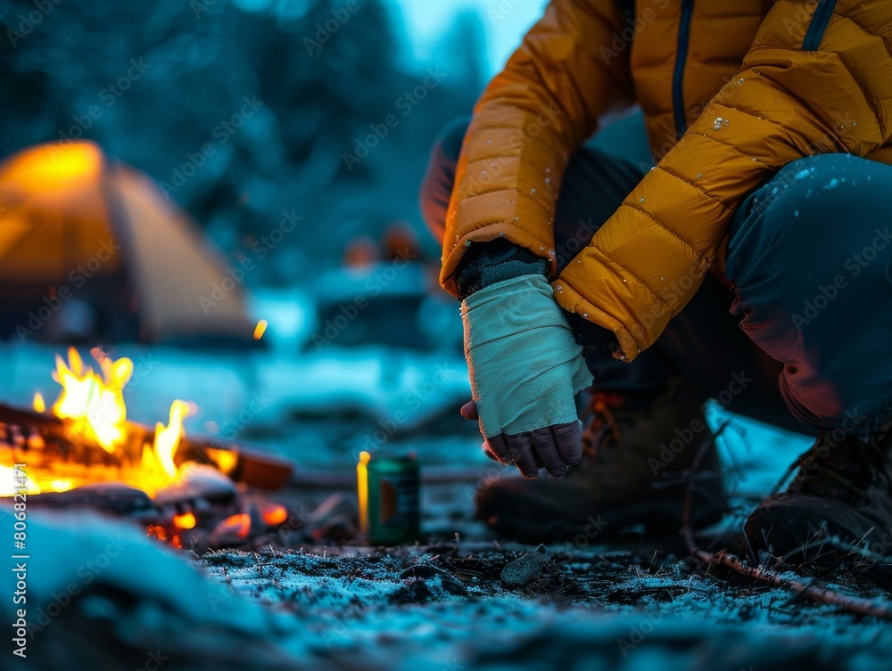 Man warming his hands by a campfire on a cold winter night Man warming his hands by a campfire on a cold winter night